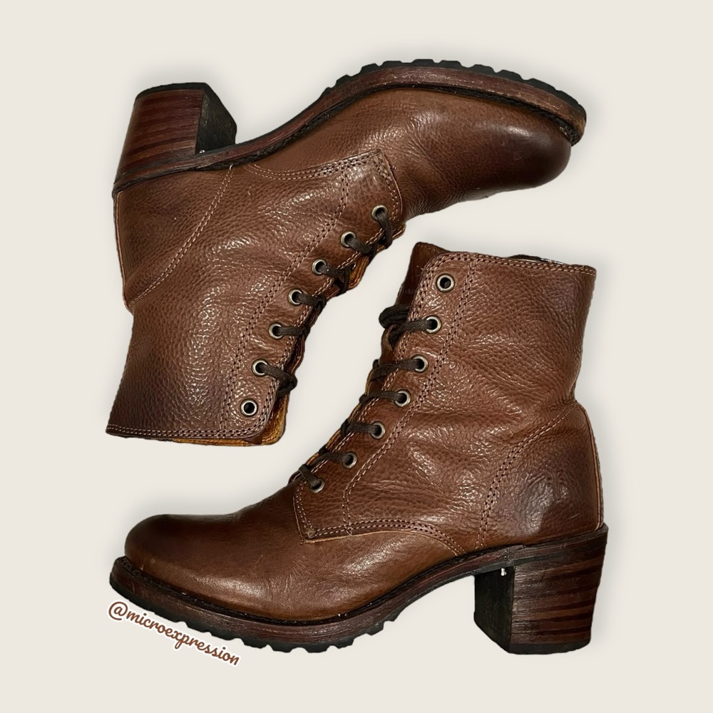 $415 Frye Sabrina 6G Cognac Brown Leather Laced Combat Chunky Heeled Ankle Boots - Picture 15 of 15